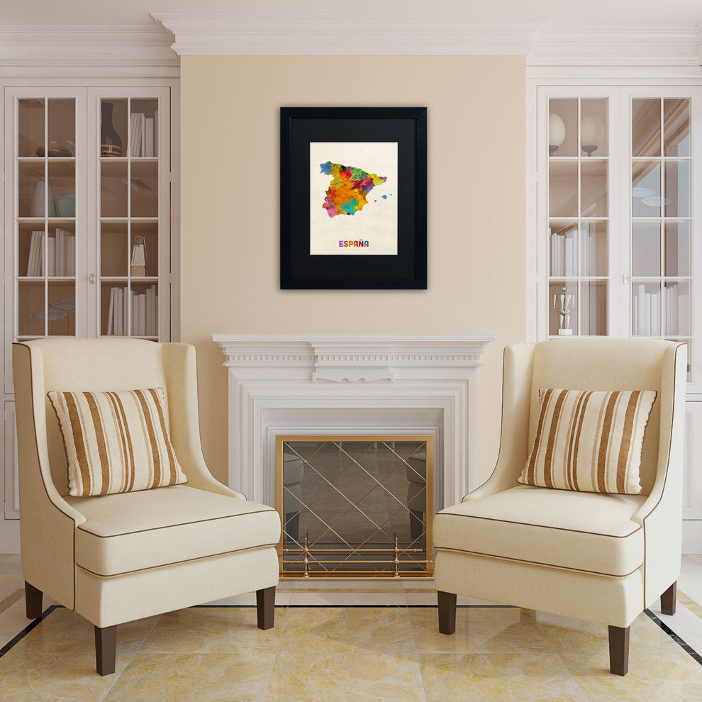 'Spain Watercolor Map' Matted Framed Canvas Art by Michael Tompsett