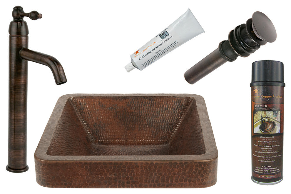 Premier Copper Products BSP1_VSQ15SKDB Vessel Sink, Faucet and Accessories