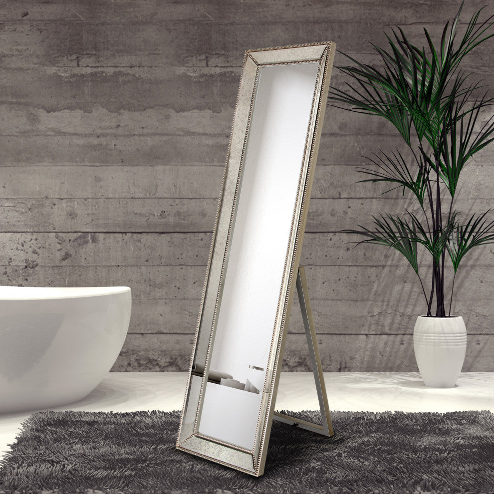 Champagne Bead Beveled Rectangle Cheval, Floor Mirror,1"-Beveled Center 18"x64"