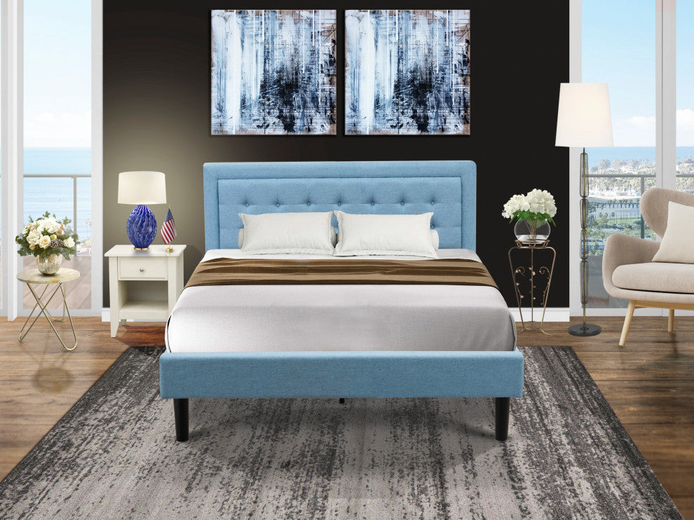 2Pc Fannin Bed Set, 1 Queen Size Frame, End Table For Bedroom, Denim Blue