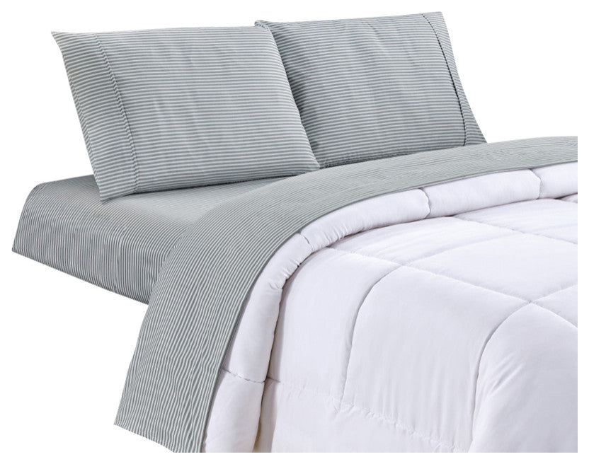 Bibb Home 4 Piece Printed Microfiber Sheet Set, Gray Stripes, King