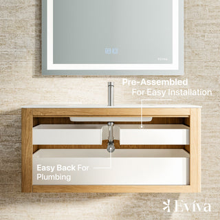 Eviva Oahu 44"W Oak Wall Mount Bath Vanity, White Solid Surface Countertop