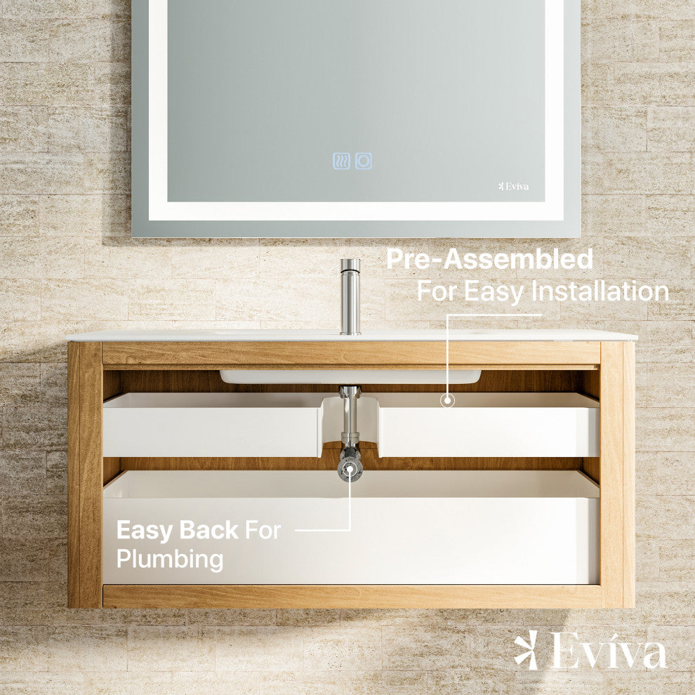 Eviva Oahu 44"W Oak Wall Mount Bath Vanity, White Solid Surface Countertop