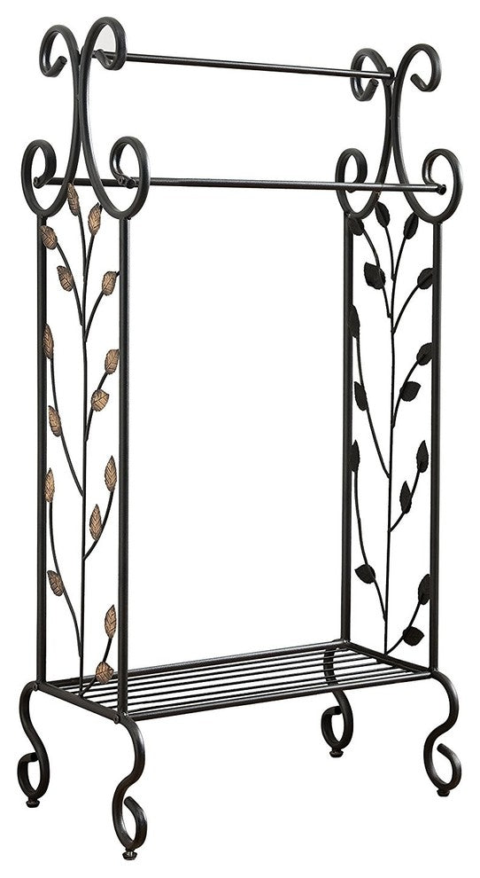 Annabella Metal Towel Rack With Gold Leaf Design, Black