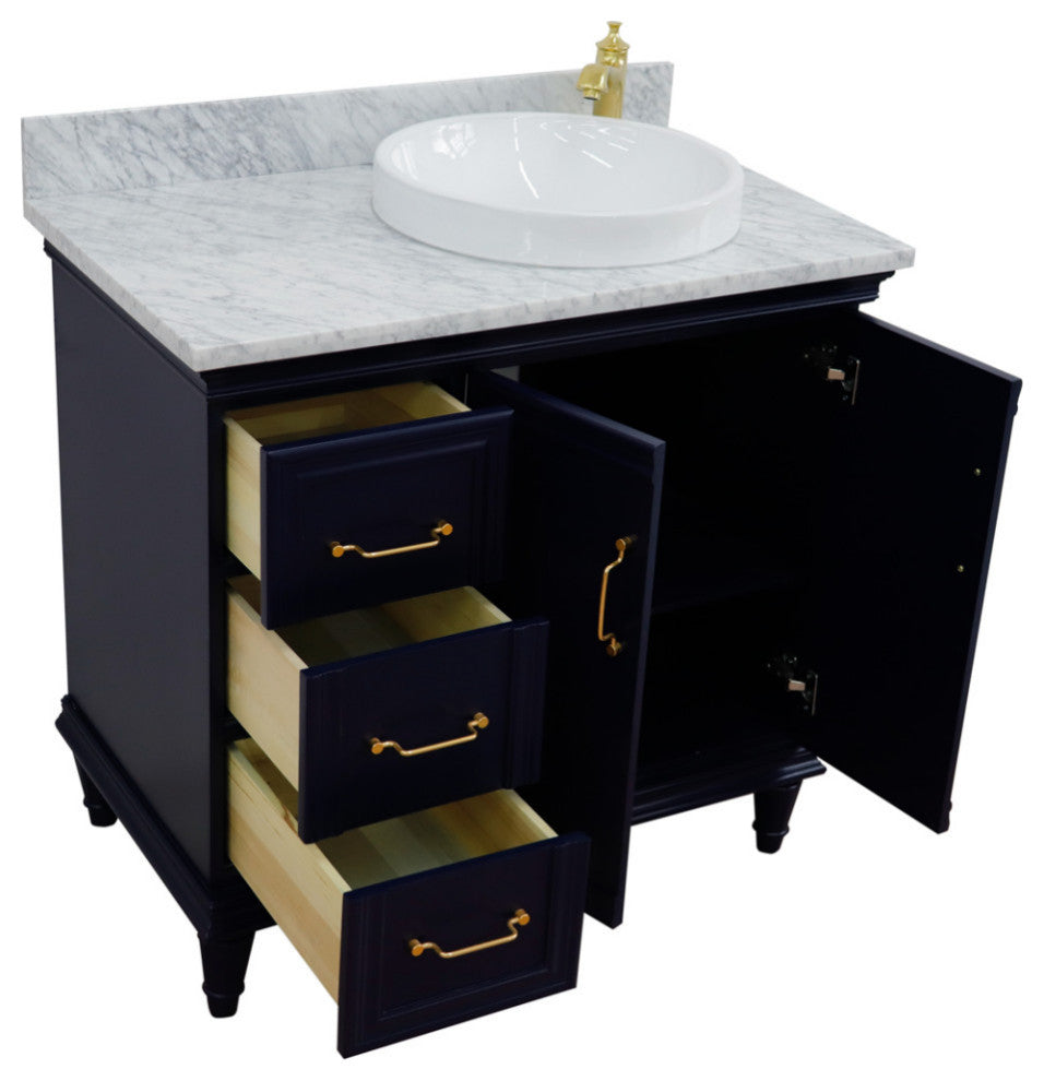 37" Single Vanity, Blue Finish With White Carrara