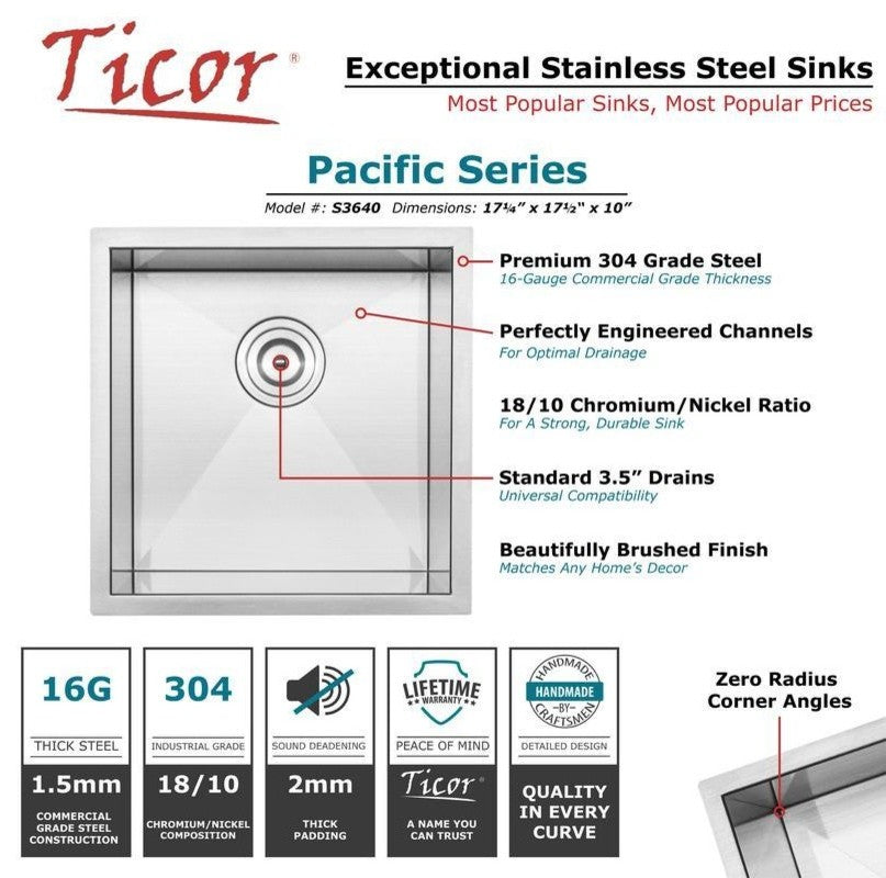 17.5" Zero Radius Undermount 16-Gauge Stainless Steel Kitchen and Bar Sink, Sink