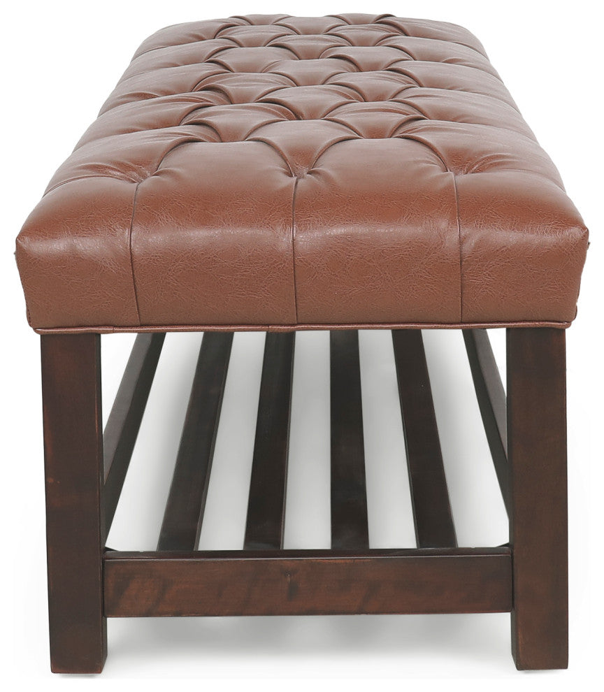 Pelon Contemporary Button Tufted Bench With Shelf, Cognac Brown/Dark Walnut