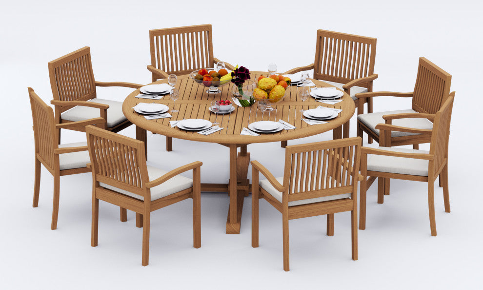 9-Piece Outdoor Teak Dining Set: 72" Round Table, 8 Leveb Stacking Arm Chairs