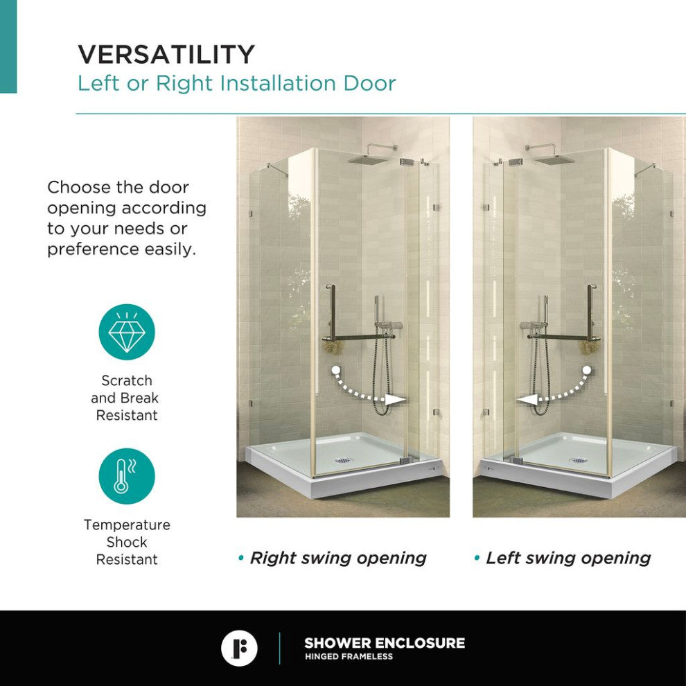 Shower Enclosure Hinged Frameless Tempered Glass, Satin Brass, 42"