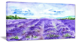 Lavender Fields Watercolor, Landscape Canvas Art Print, 32"x16"