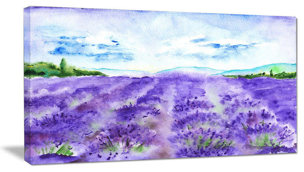 Lavender Fields Watercolor, Landscape Canvas Art Print, 32"x16"