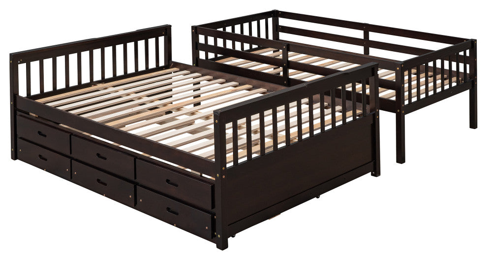 Gewnee Wood Kids Convertible Twin-Over-Full Bunk Bed with Trundle in Espresso