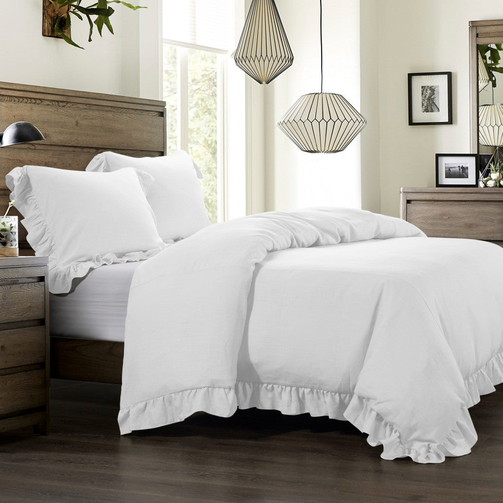 Lily Washed Linen Duvet Set, 3 Piece, White, Queen