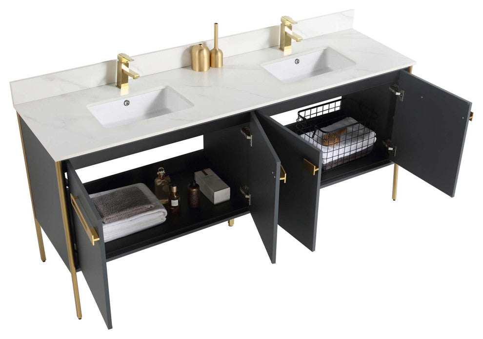 Oakville Bath Vanity, Ceramic Sink, Onix Grey, 72 Inch, Satin Brass Hardware