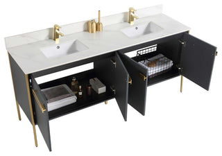 Oakville Bath Vanity, Ceramic Sink, Onix Grey, 72 Inch, Satin Brass Hardware