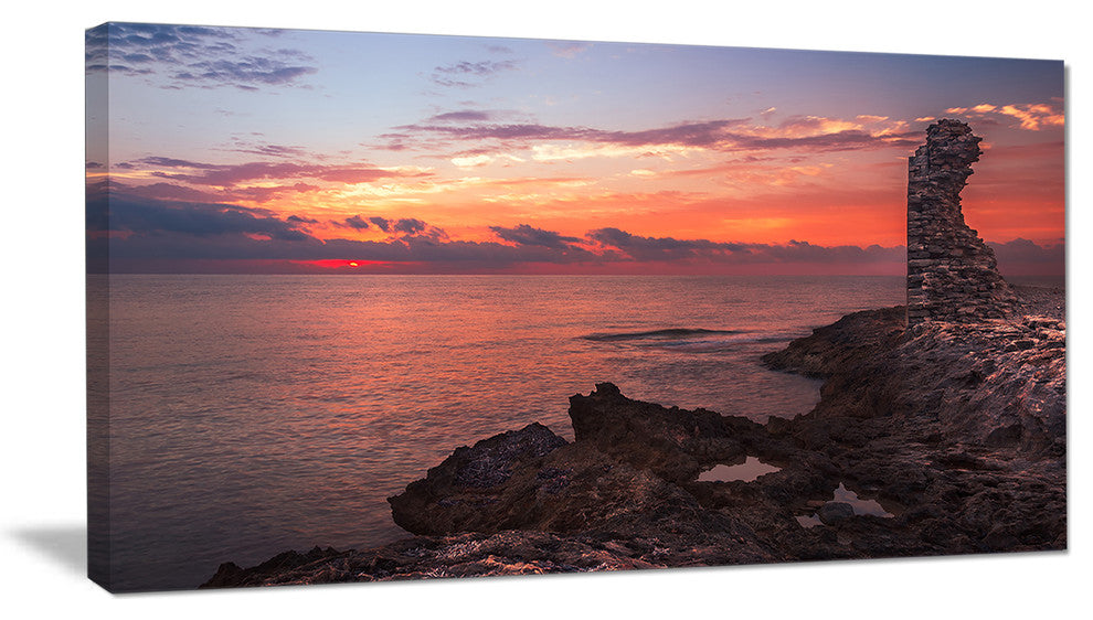 "Red Rocky Beach With Ancient Ruins" Oversized Beach Canvas Artwork, 40"x20"