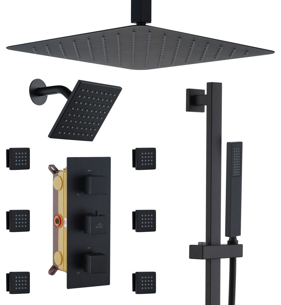 16inch Deluxe Showerhead Dual Shower Head System With Slide Bar and 6 Body Jets, Matte Black
