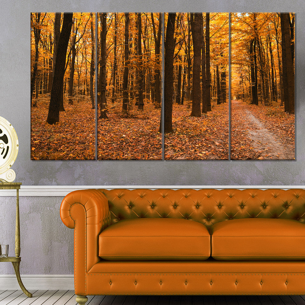 Yellow Trees and Fallen Leaves, Modern Forest Canvas Art, 48"x28", 4 Panels