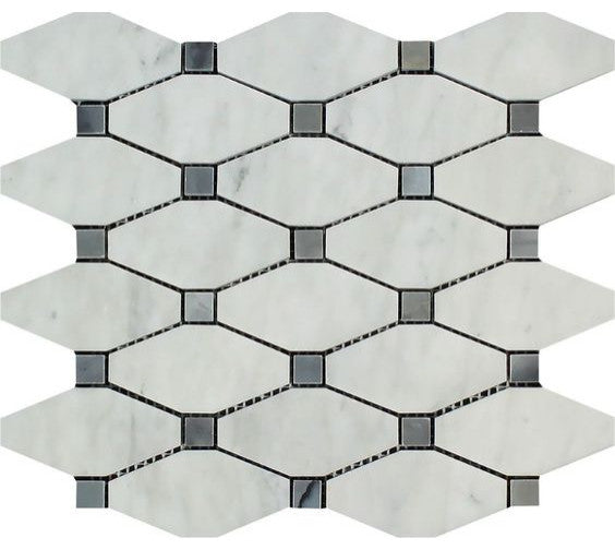 Carrara White Marble Honed Octave Pattern Mosaic Tile w/ Blue Gray Dots