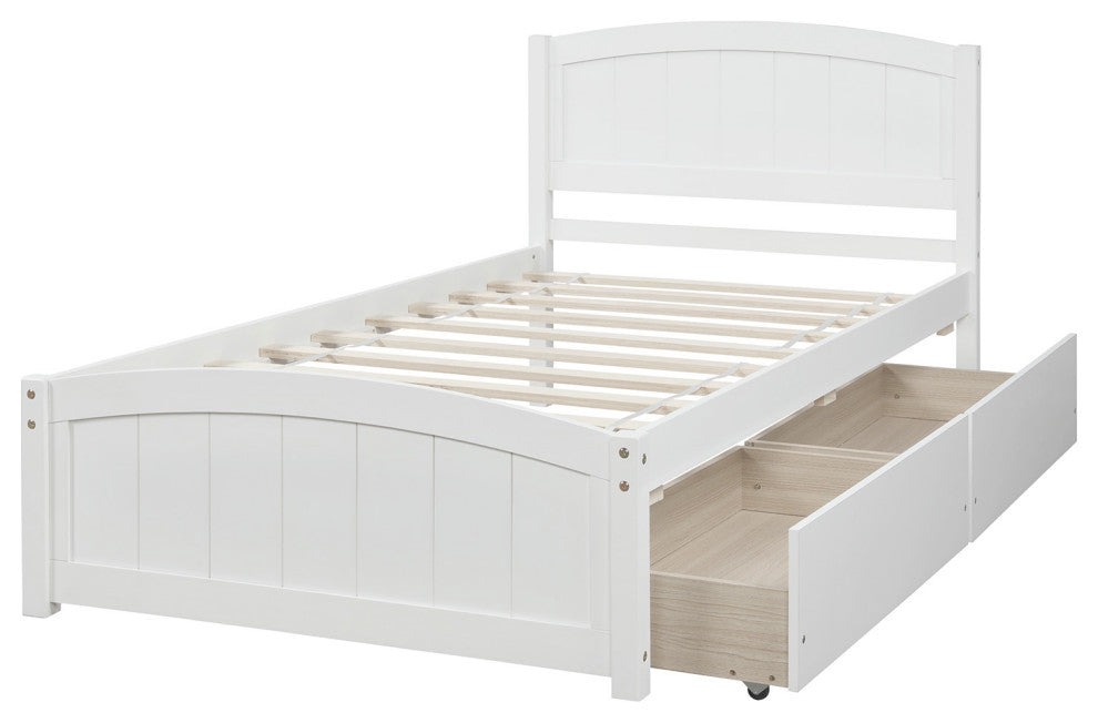 Gewnee Wood Twin size Platform Bed with Two Drawers in White