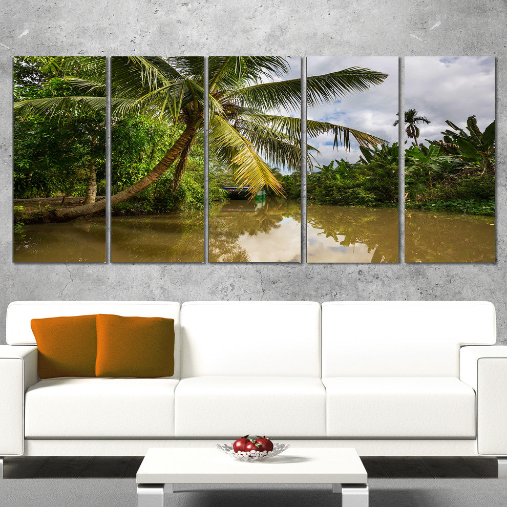 Tropical River with Bent Coconut Palm, Landscape Canvas Art, 60"x28", 5 Panels