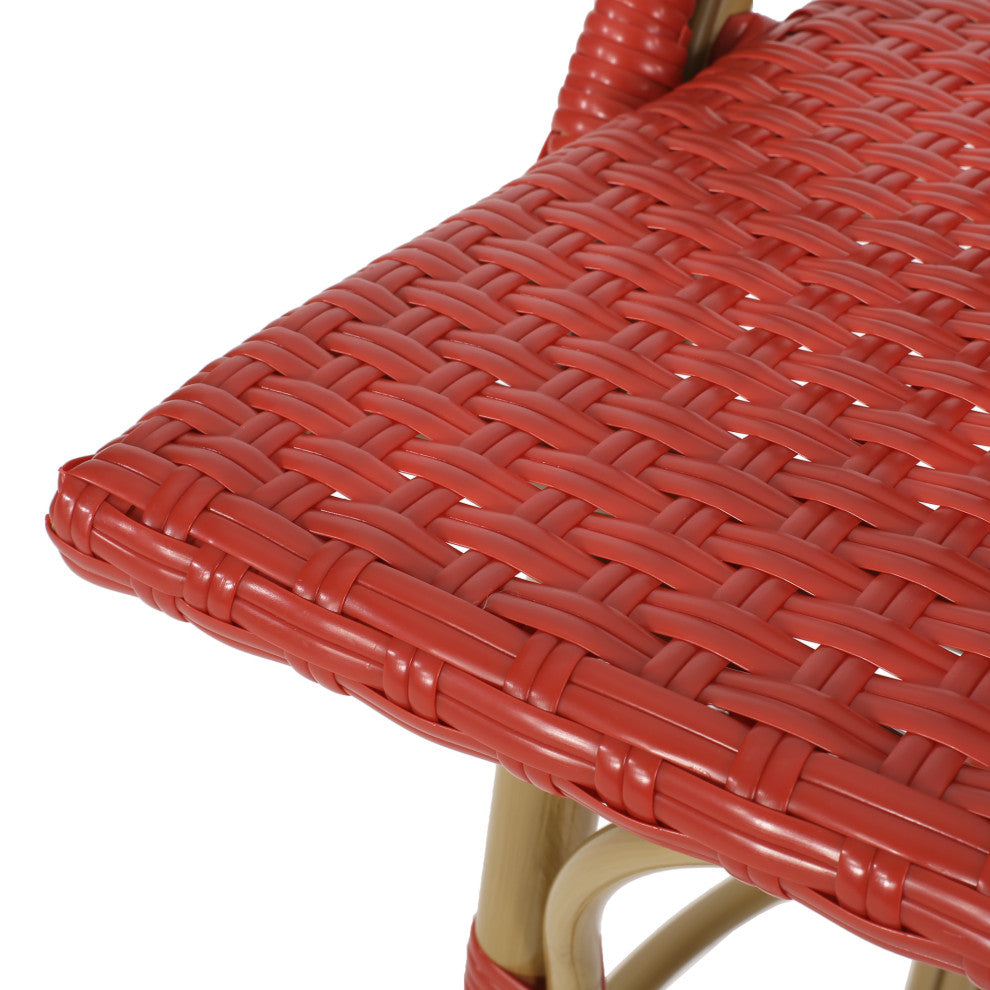 Cotterell Outdoor French Wicker and Aluminum 29.5" Barstools, Set of 4, Red/Bamboo Finish