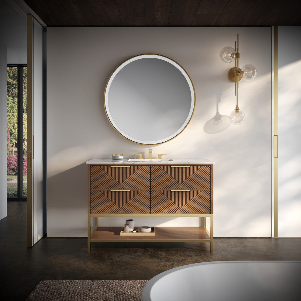 Diamond 48" Bath Vanity, Walnut/Satin Brass, 48", Marble Top
