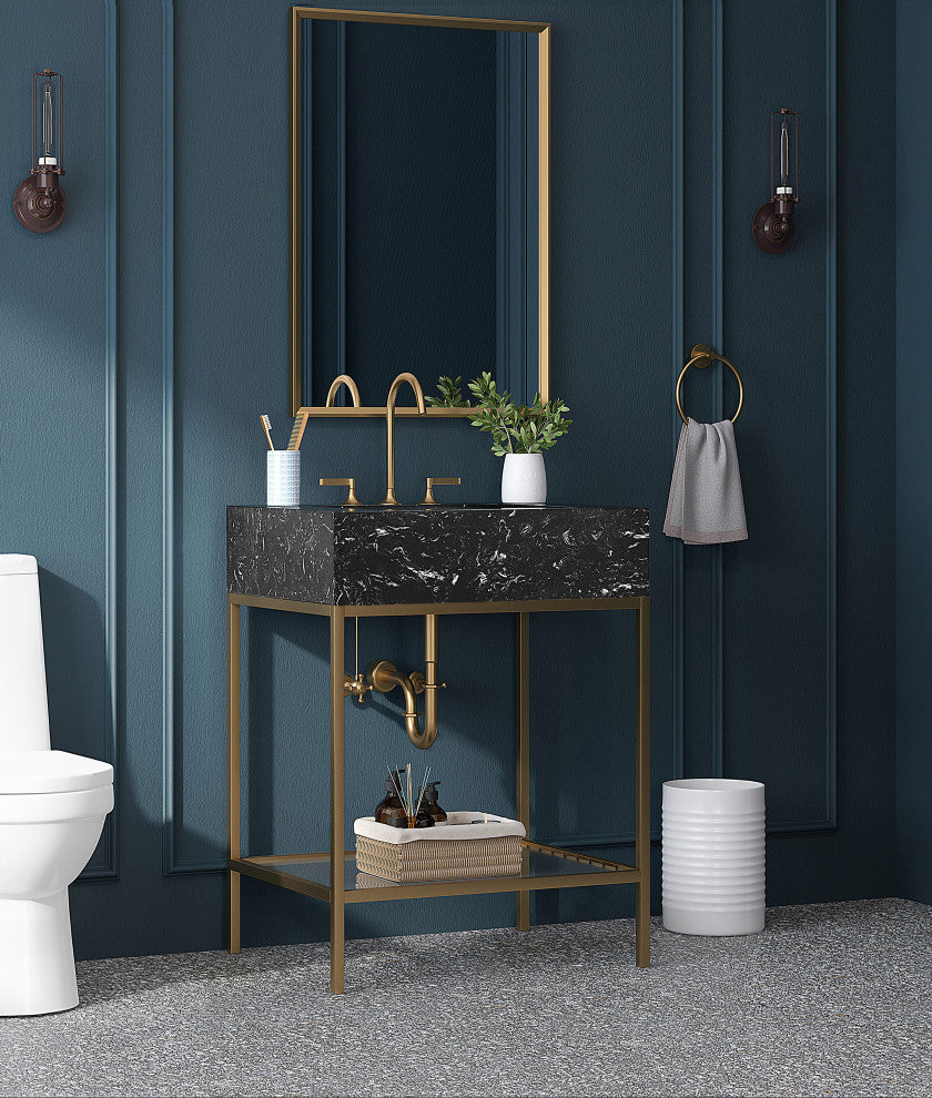 Marmo Bathroom Vanity, Black, 24" Wide, Brushed Brass Finish