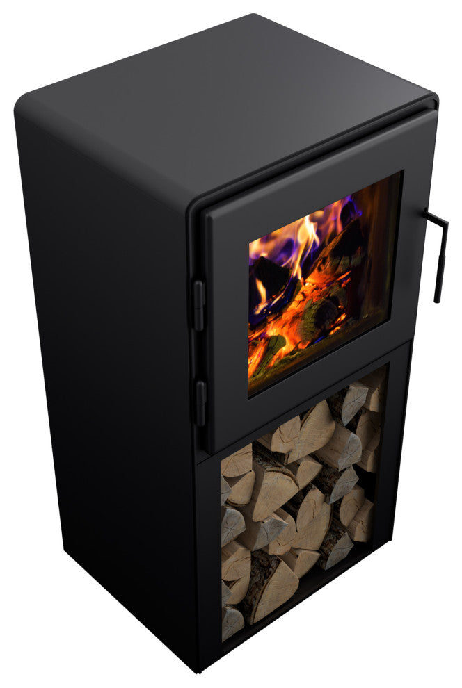 Nova Tower Wood Stove, Satin Black Finish, Satin Black Door, Room Blower Fan