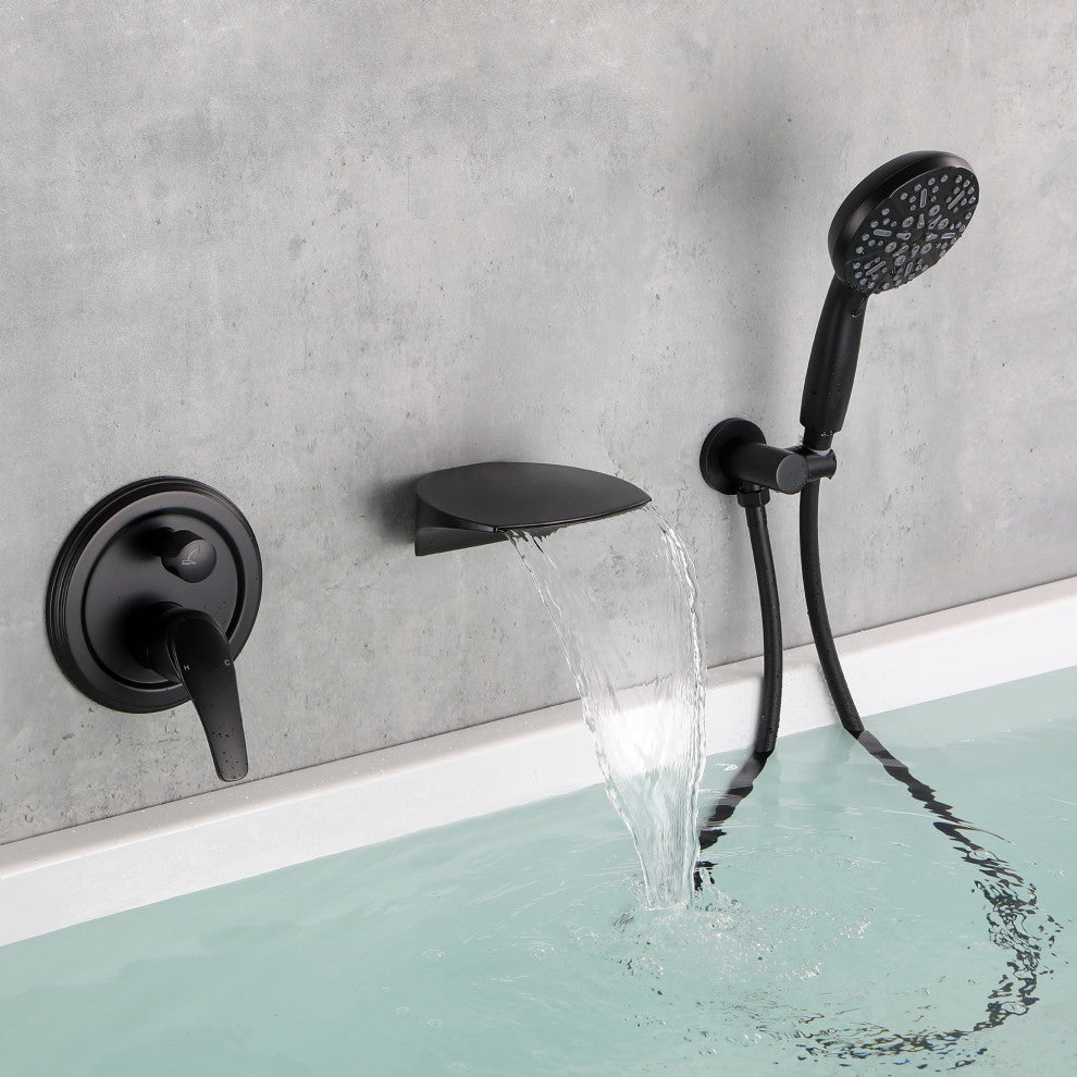 Wellfor Wall Mount Shower Faucet Set, Handheld Shower and Waterfall Spout, Matte Black