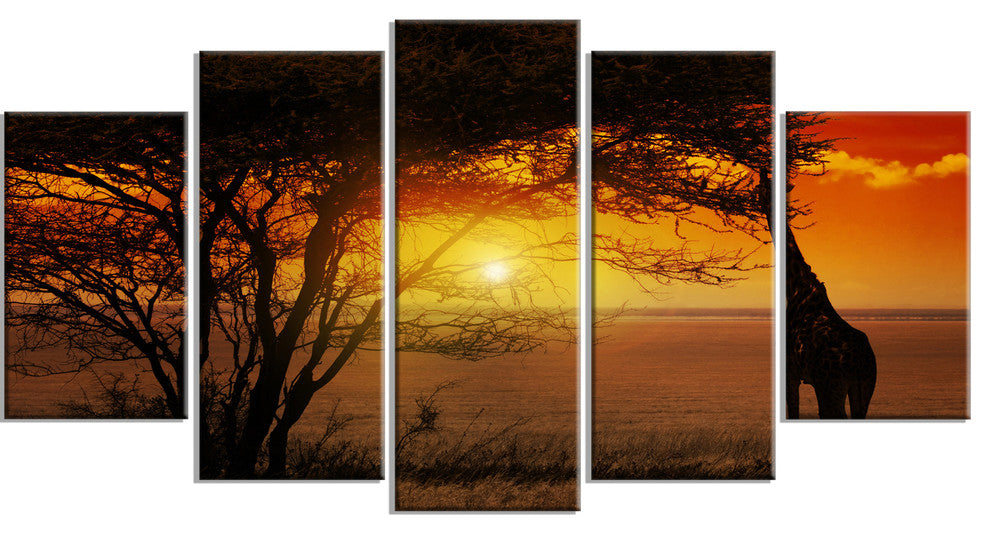 Typical African Sunset with Giraffe, Landscape Canvas Art, 60"x32", 5 Panels