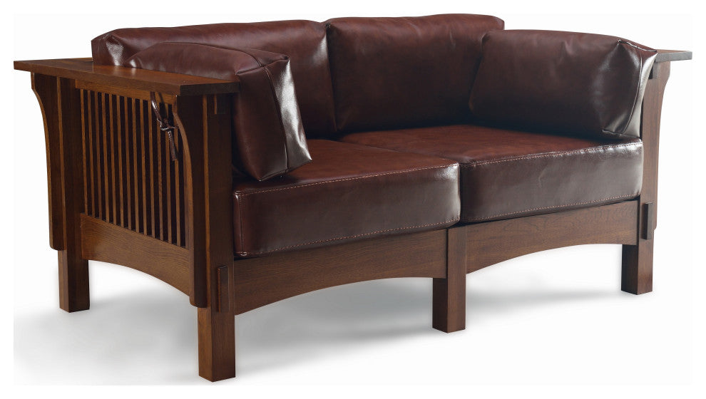 Mission Solid Quarter Sawn Oak and Leather Love Seat, Brown Leather
