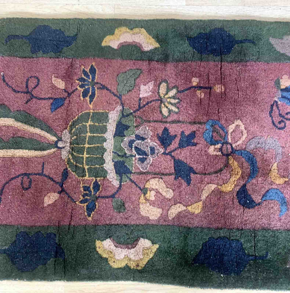 Handmade antique Art Deco Chinese rug 2.1' x 4.2' (64cm x 128cm) 1920s