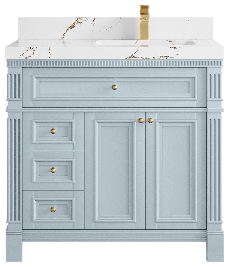 Paris 36" Right Offset Bathroom Vanity, Blue Heather 2" Viola Brown