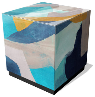 "Puzzle Blues II" Reverse Printed Art Glass Side Table with Black Plinth Base