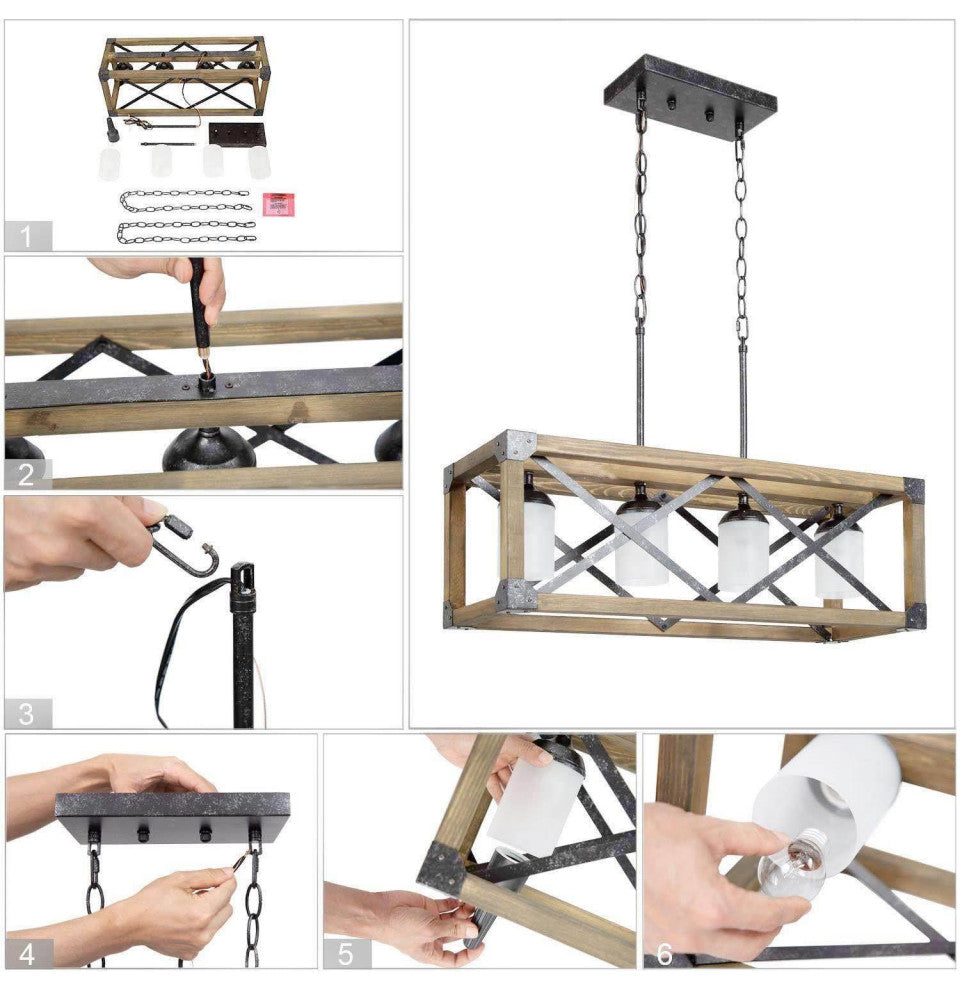 LNC 4-Light Farmhouse Distressed Wood Linear Kitchen Island Light, Frosted Glass Shade
