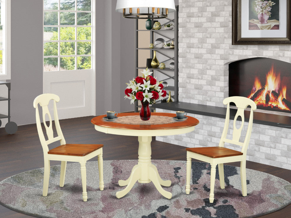 3 Pc Set, Round Kitchen Table, 2 Wood Dinette Chairs, Buttermilk, Cherry .