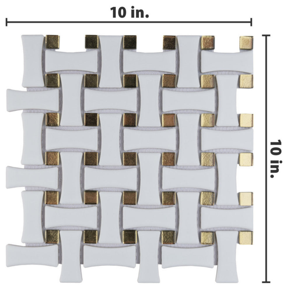 Metro Dog Bone Basketweave With Glass Gold Dot Porcelain Mosaic Wall Tile Sample