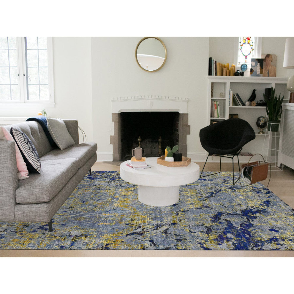 Laguna Yellow, Modern Design, Silk With Wool, Hand Knotted Rug, 8'10"x12'5"