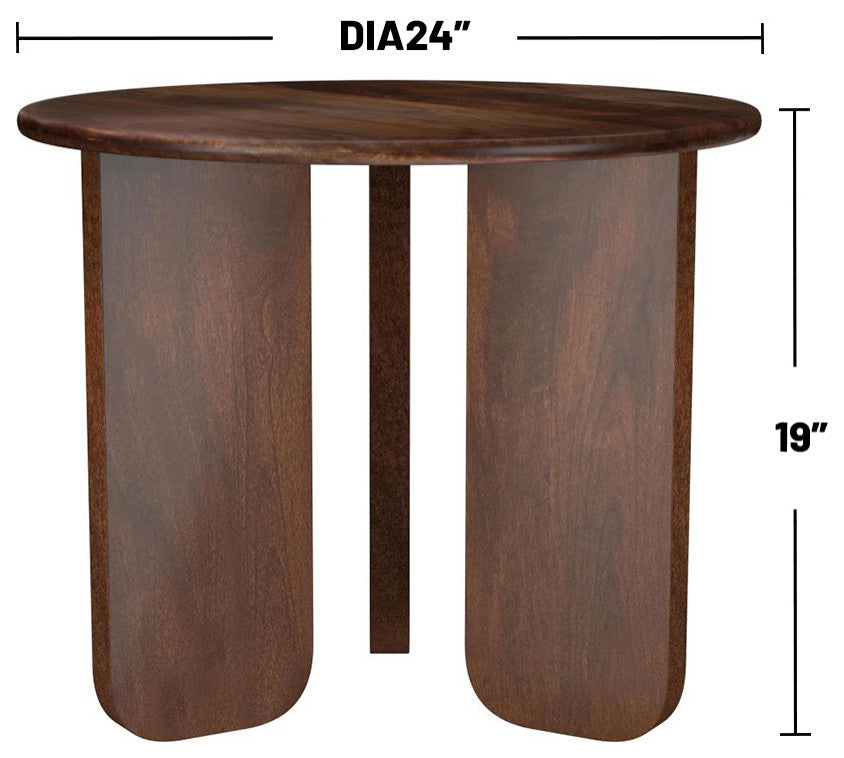 Round Mango Wood End Table With 3 Legs, Brown