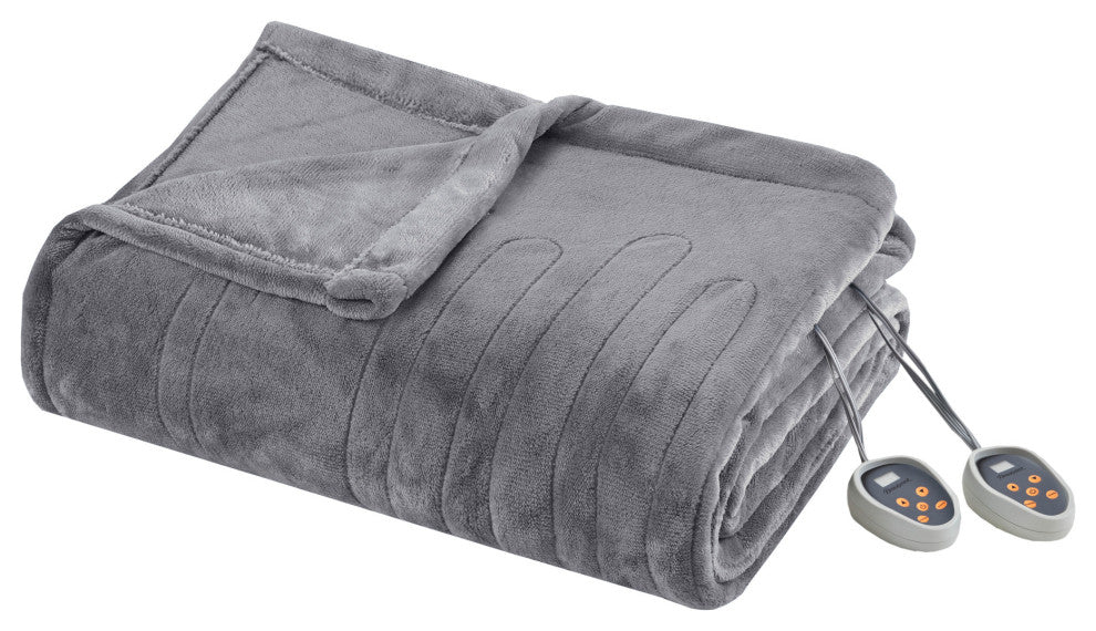 Beautyrest Solid Microlight to Solid Microlight Heated Blanket, Gray, Twin