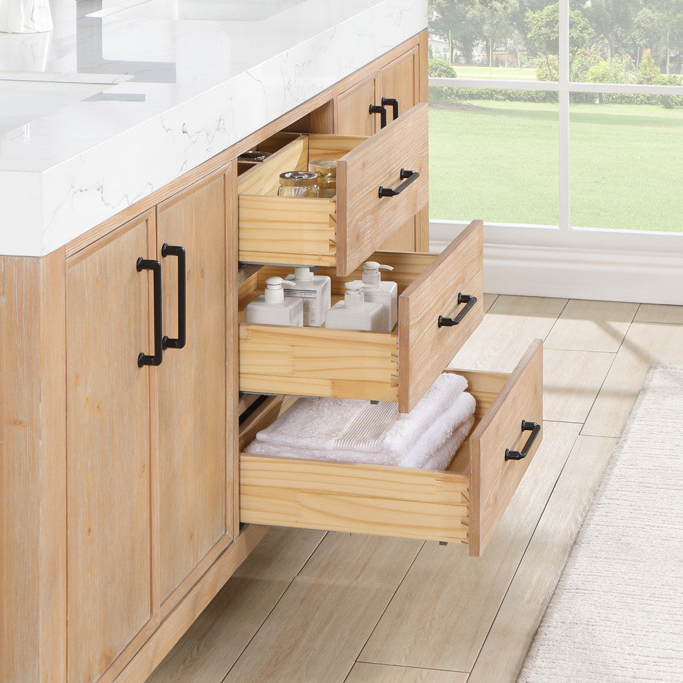 Leon Bath Vanity With Composite Stone Top, Fir Wood Brown, 72", With Mirror