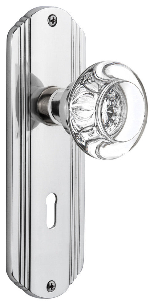 Deco Plate Passage Round Clear Crystal Glass Knob, Bright Chrome