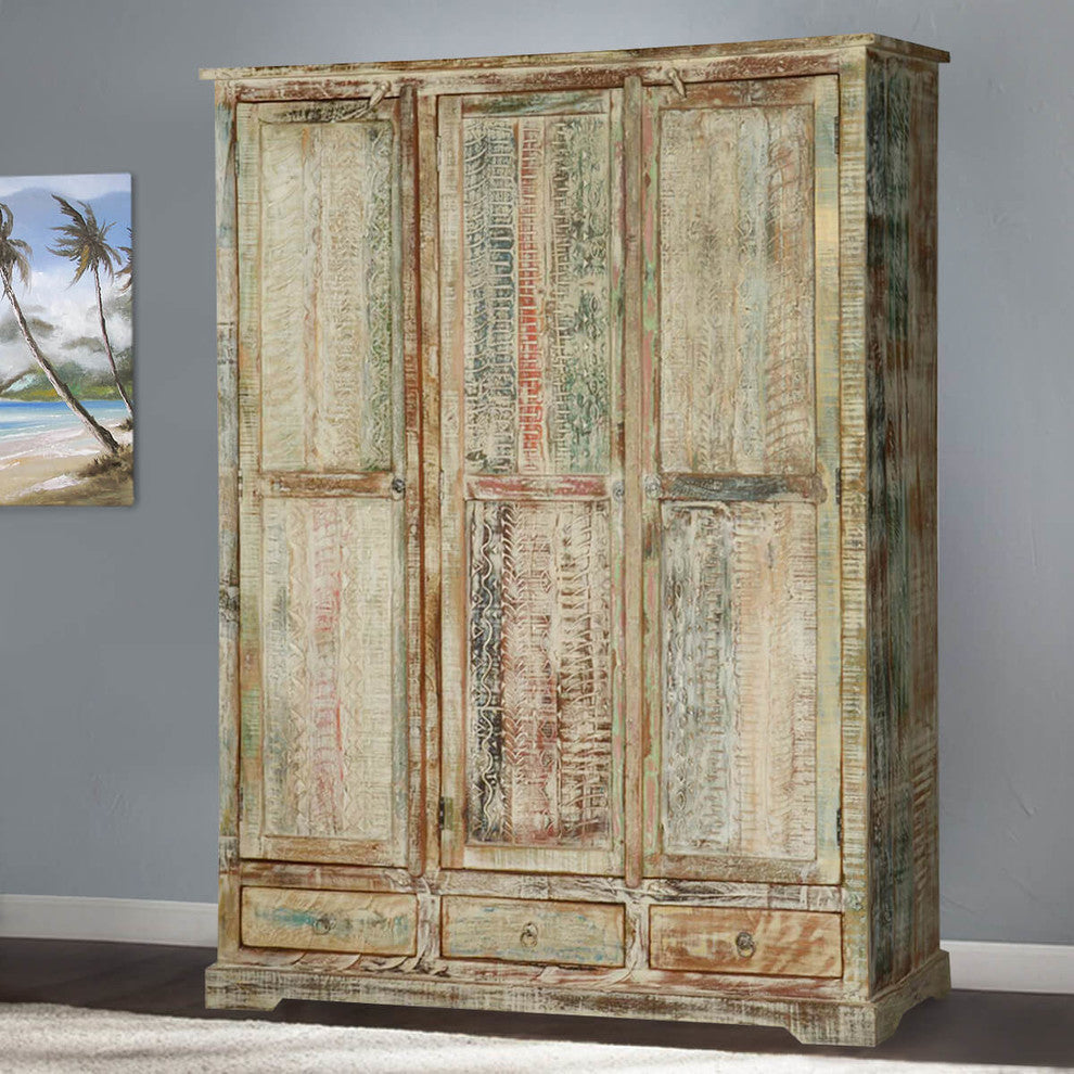 Woodsburgh Distressed Solid Wood 3 Drawer Large Wardrobe