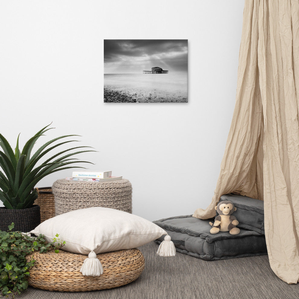 Abandoned West Pier Coastal Seascape Black & White Photo Canvas Art Print, 18" X 24"