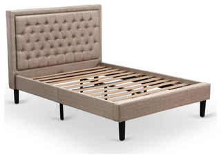3Pc Bed Set, 1 Platform Bed Frame Dark Khaki Padded, 2 Nightstands, Black Legs