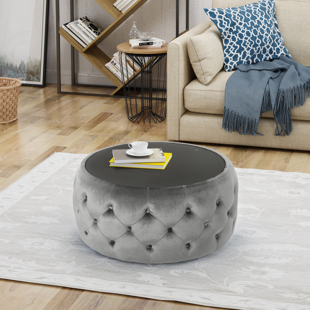 GDF Studio Ivy Glam Velvet and Tempered Glass Coffee Table Ottoman, Smoke/Black