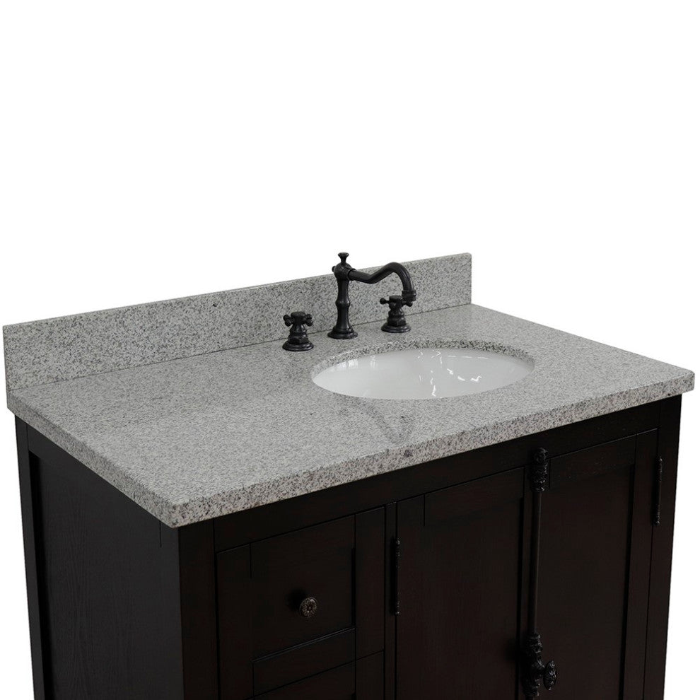 37" Single Vanity, Brown Ash With Gray Granite Top, Right Doors/Right Oval Sink