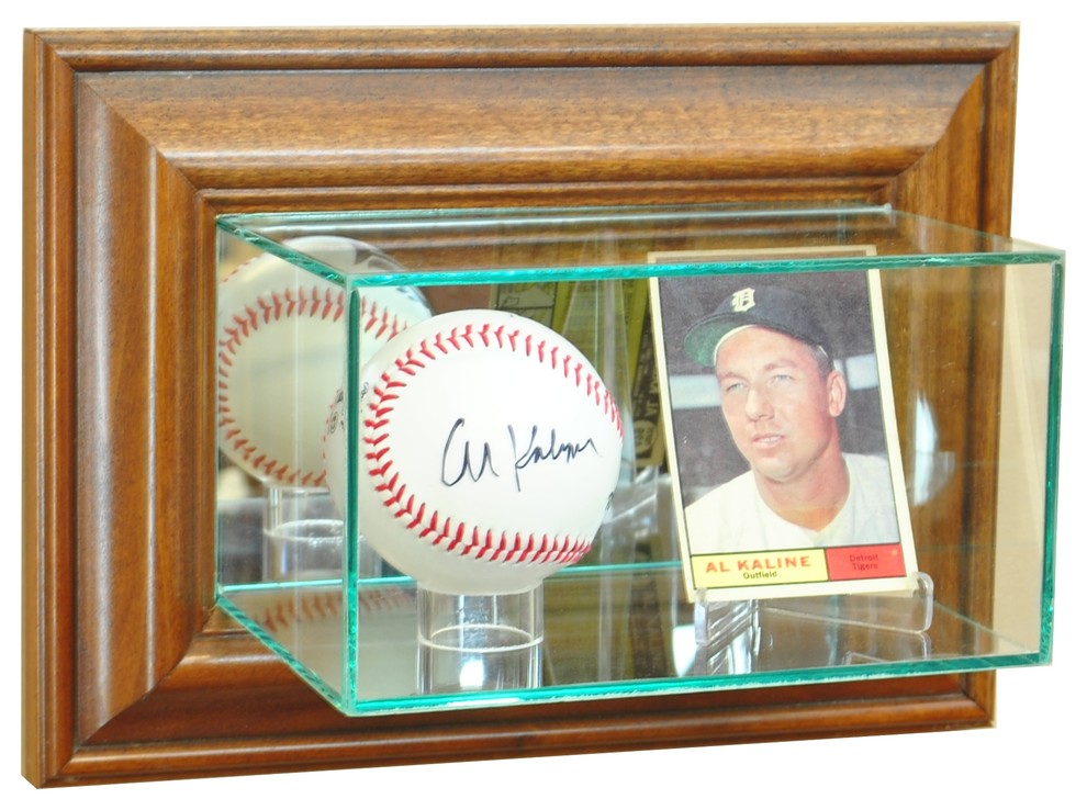 Wall Mounted Card and Double Baseball Display Case, Walnut