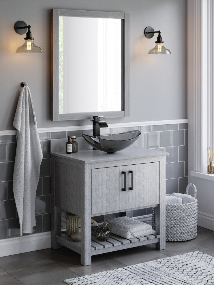 Bigio Clear Slate Grey Oval Slipper Tempered Glass Vessel Sink with Drain, Matte Black